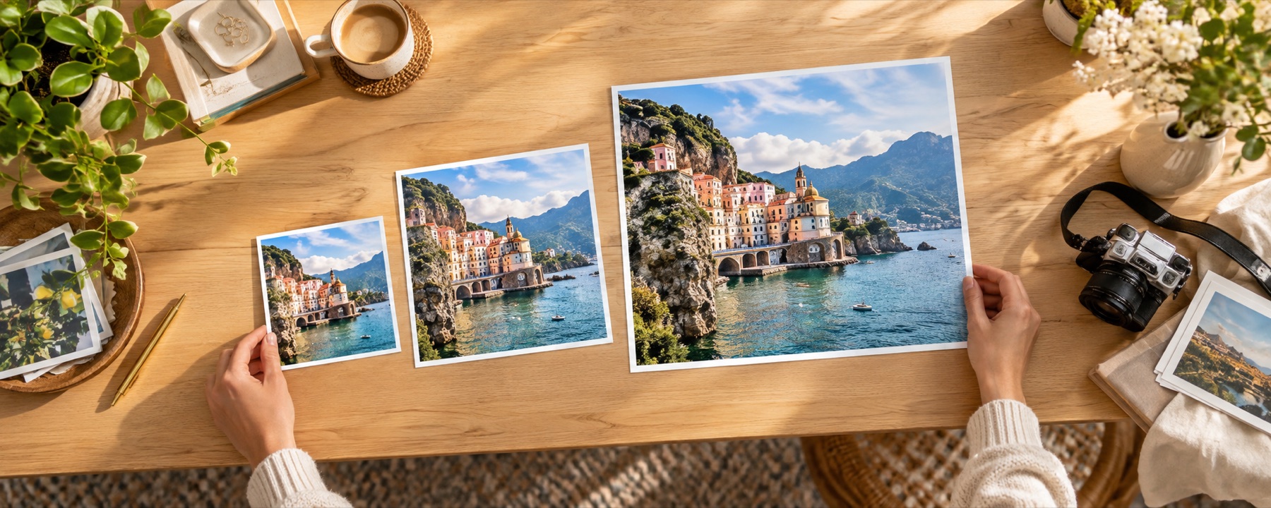 Hands comparing small, medium and large prints of the same travel photograph.